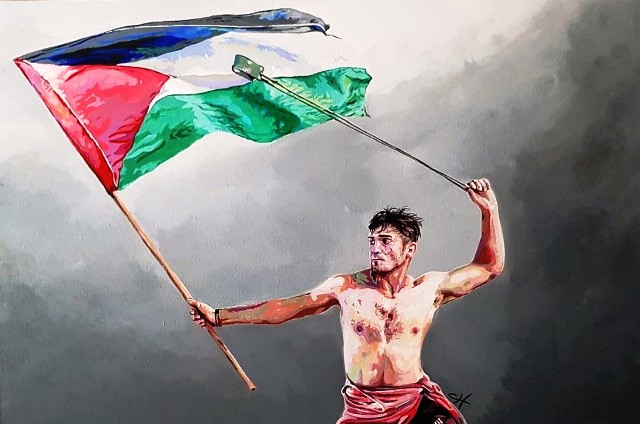 A bare chested man waving a Palestinian flag under an angry sky.