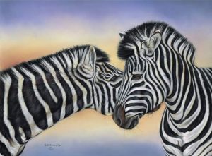 Zebra embrace... Framed, signed pastel painting by wildlife artist Susan Baxter... A stunning piece of art 20 x 16 inches £275
